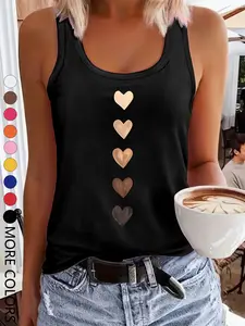 Summer New Fun Hearts Print Sports Tank Top, Women's Denim Yoga Vest, Casual Fitted All-Season Athletic Wear, Sleeveless Gym Tops