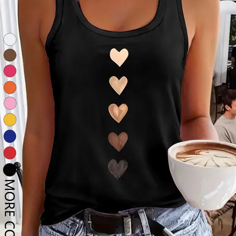 Summer New Fun Hearts Print Sports Tank Top, Women's Yoga Vest, Casual Fitted All-Season Athletic Wear Activewear Pieces