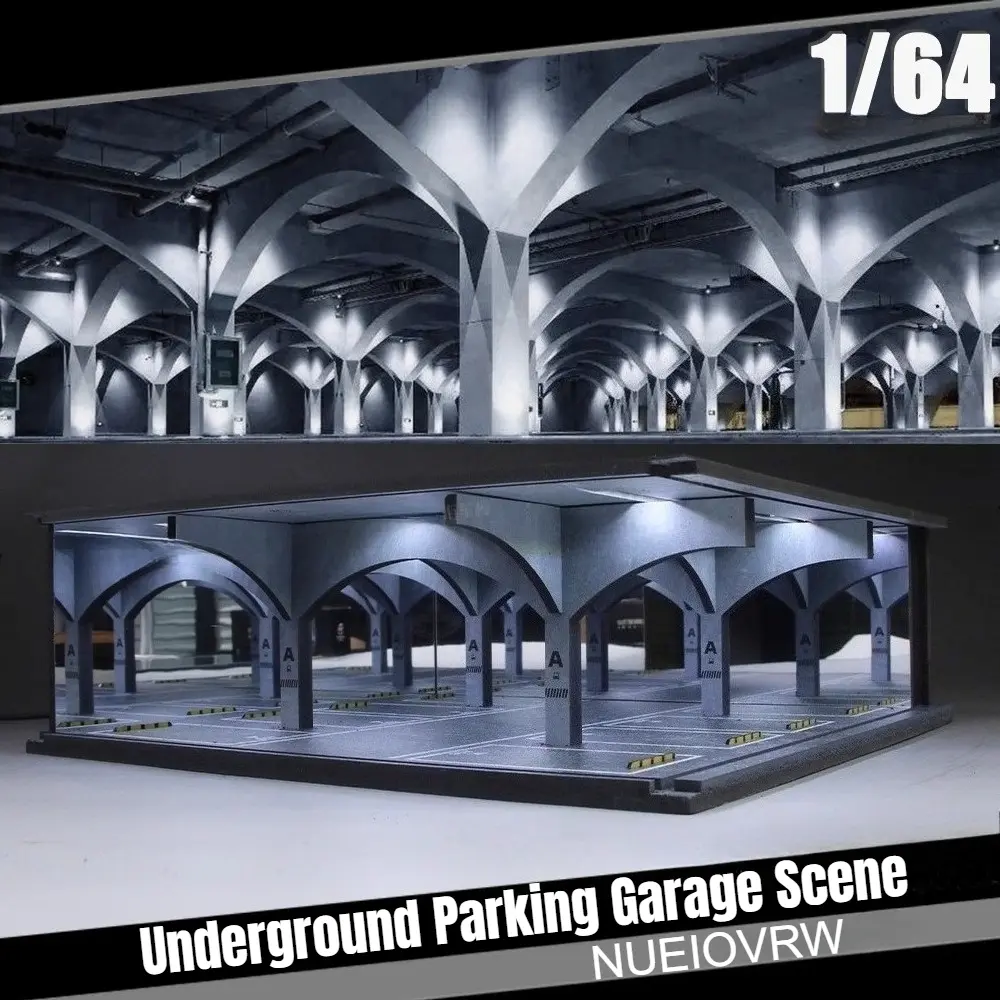 1/64 Scale Diorama Construction Model, LED Lighting City Street Underground Parking Lot Workshop Scene Display, Collectible Gift Toy for Model Vehicle Enthusiasts