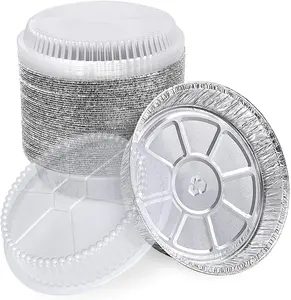 Disposable Aluminum Foil Pan 7 Inch Round Oven Safe with Dome Clear Lids for Baking Cookies & Small Cakes