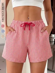 Women’s Vertical Stripe Summer Shorts  with Drawstring Elastic Waist Adjustable Tie Relaxed Fit Casual Beach Travel Sport