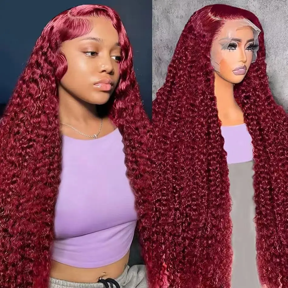 30 Inch  13x6 Burgundy Wig Human Hair 99J Burgundy  Deep Wave Lace Front Wigs Human Hair 200% Density HD Lace Frontal Wigs Pre Plucked Glueless Red Colored Wigs for Women