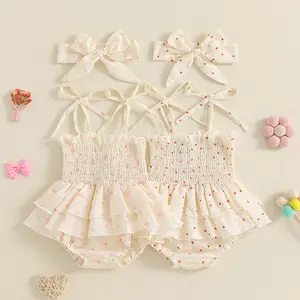 Newborn Baby Girl Summer Romper Dress Sleeveless Floral Elasticated Bust Ruffle Jumpsuit with Bow Headband Infant Summer Clothes