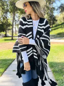 Black Western Textured Pattern With Chunky Tassel Cardigan: Black