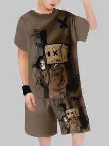 Boys' Cartoon Pattern Set (fun Doodle Style), Daily Casual Wear, Home Play & Party Theme Clothing, Clothes Kids