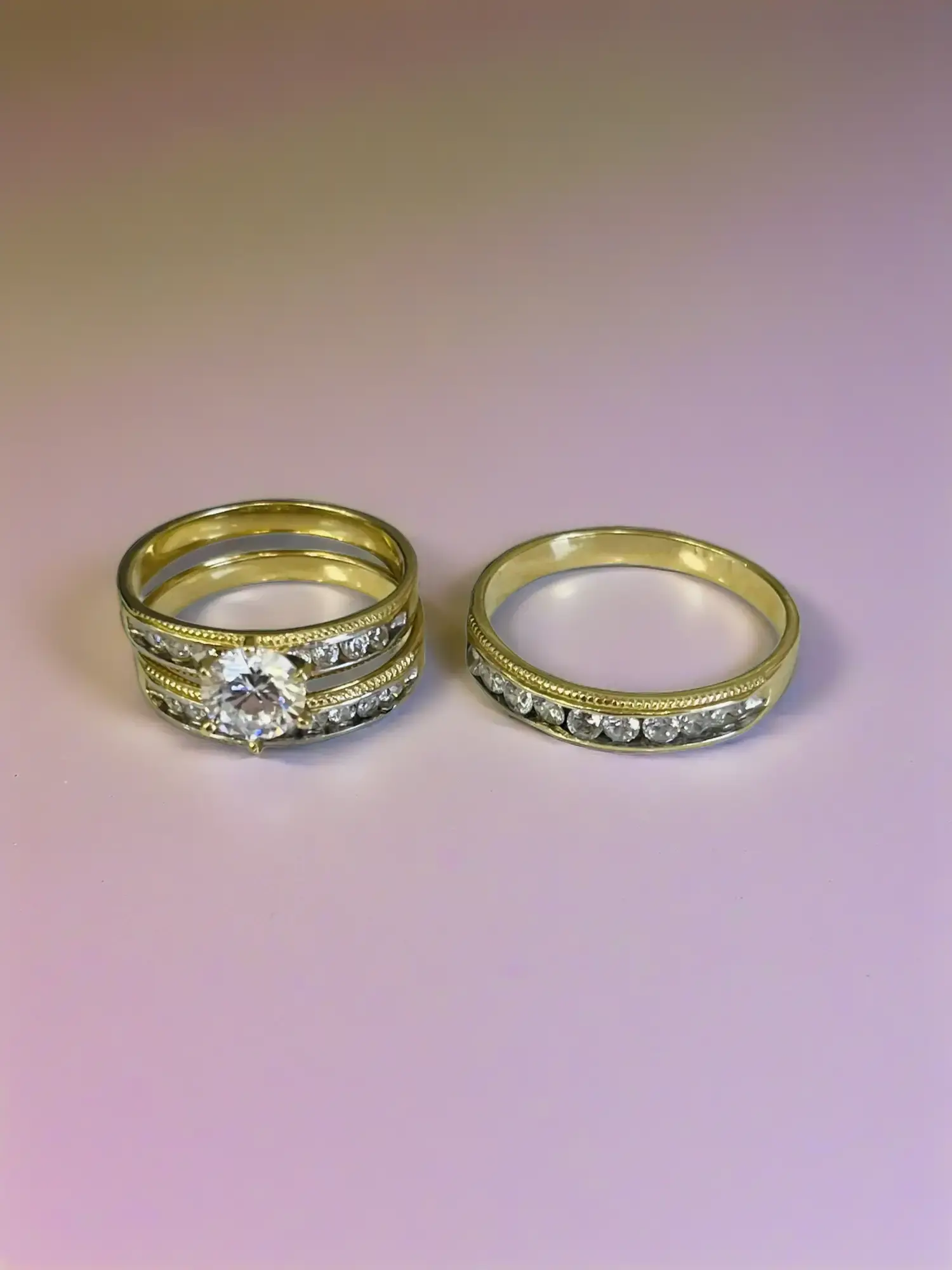 10kt Yellow Gold Unisex Couple Engagement & Wedding Ring Trio Set - 7.3mm Zircon Stone, His and Hers Matching Bands, Size-Adjustable Option