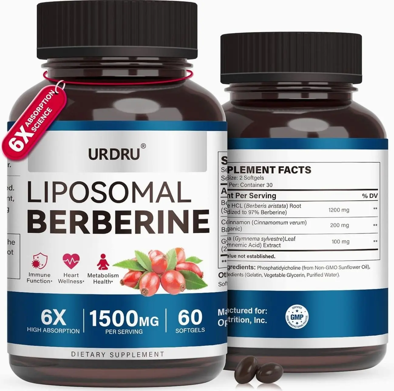 Berberine HCL Supplement 1500mg - with Ceylon Cinnamon & Gymnema, High Bioavailability Liposomal Berberine Capsules for Women and Men, AMPK Activator