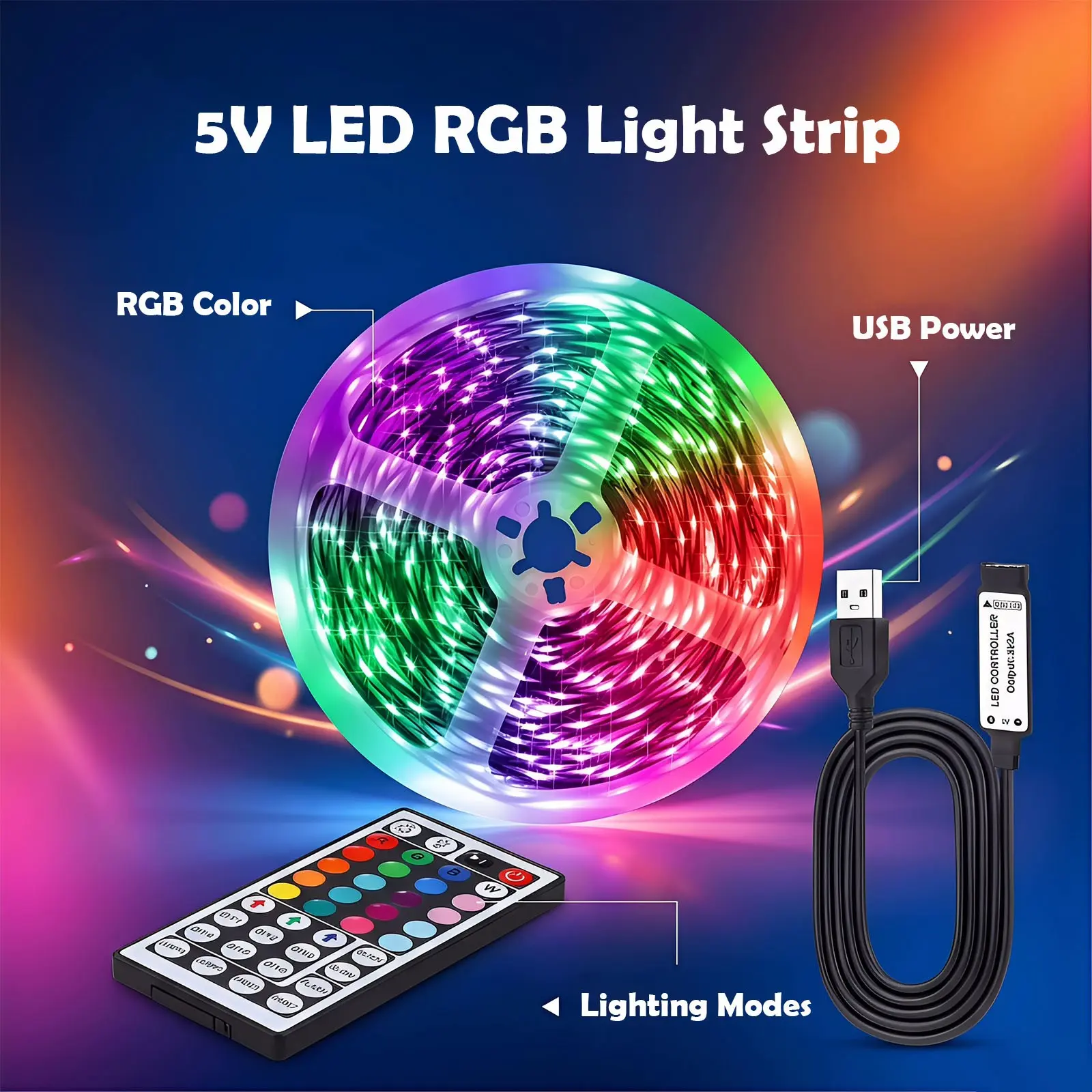 Infrared Remote Control RGB Flexible LED Strip Light, Adjustable Led Lights, Interior Led Lights, Lighting Modes, USB Powered, Ideal for Room, Cabinet, Stairs, Living Room Decor, Holiday Decor, Christmas, Halloween, Valentine's Day, Led Lights Strips