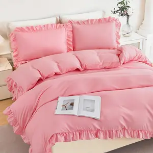 Pink Ruffle Twin Size 3 Pieces Duvet Cover Set Soft Cute Ruffled Bedding for Kids Teens Girls Farmhouse Shabby Chic Style