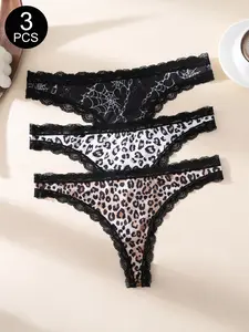 3PCS Women's Hipster Leopard Print Thong Bikini, Fitted Contrast Lace Design, Elegant All-Season Wear, Low-Waist Swimsuit