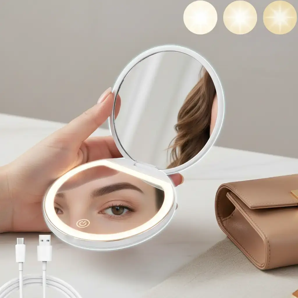 LED Compact Mirror with Light – 1X/3X Magnification Pocket Mirror, USB Rechargeable Mini Travel Mirror for Purse (White)