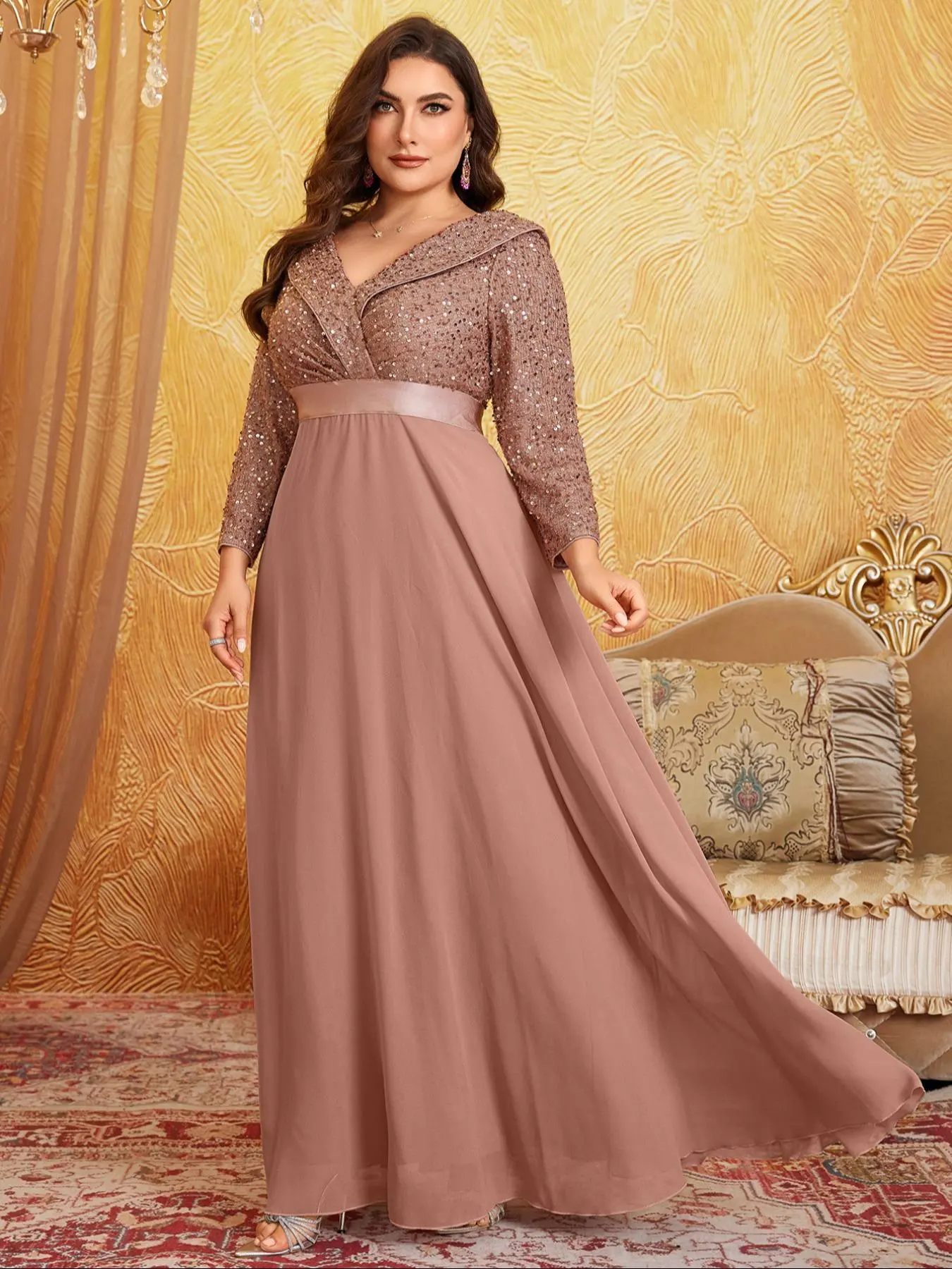 collared plus size formal dress Plus Size] Glitter Contrast Sequin Collared Chiffon Formal Evening Dress,  Evening Party Gown, Elegant Chic Fitted Long Sleeve Maxi Dress for Party &  Banquet, Women's Clothes for All Seasons, Womenswear