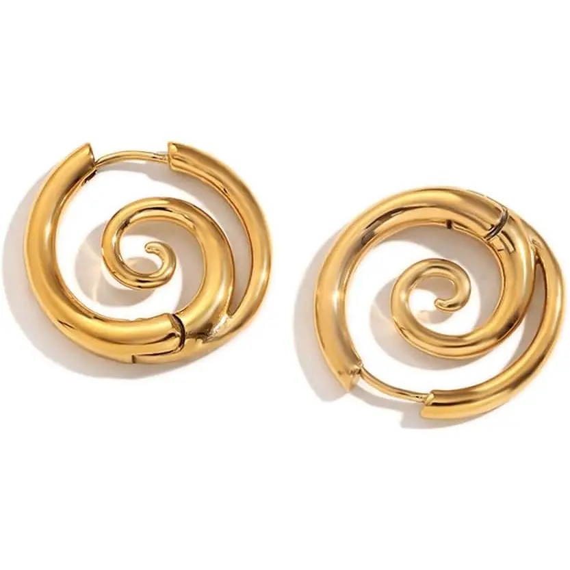 Sea Wave Spiral Hoop Earrings for Women Stainless Steel 18K Golden Plated Swirl Chunky Round Huggie Hoops Earring Fashion Birthday Jewelry Gifts Holiday
