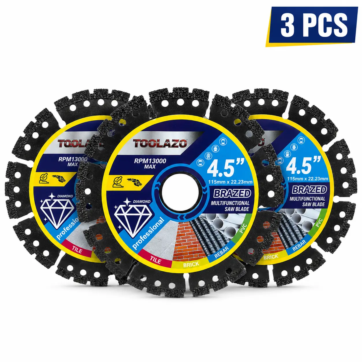 TOOLAZO   3-Pack 4.5"  Multi-Purpose Saw  - Heavy   Grinder Discs for Cutting Marble/Quartz/Stone/Tile/Metal/Plastic (Black Teeth) blades segs   wheel battery lithium-ion max dcb200 dcd Multi-Port Rapid Charger Station drill bit diamond porcelain power