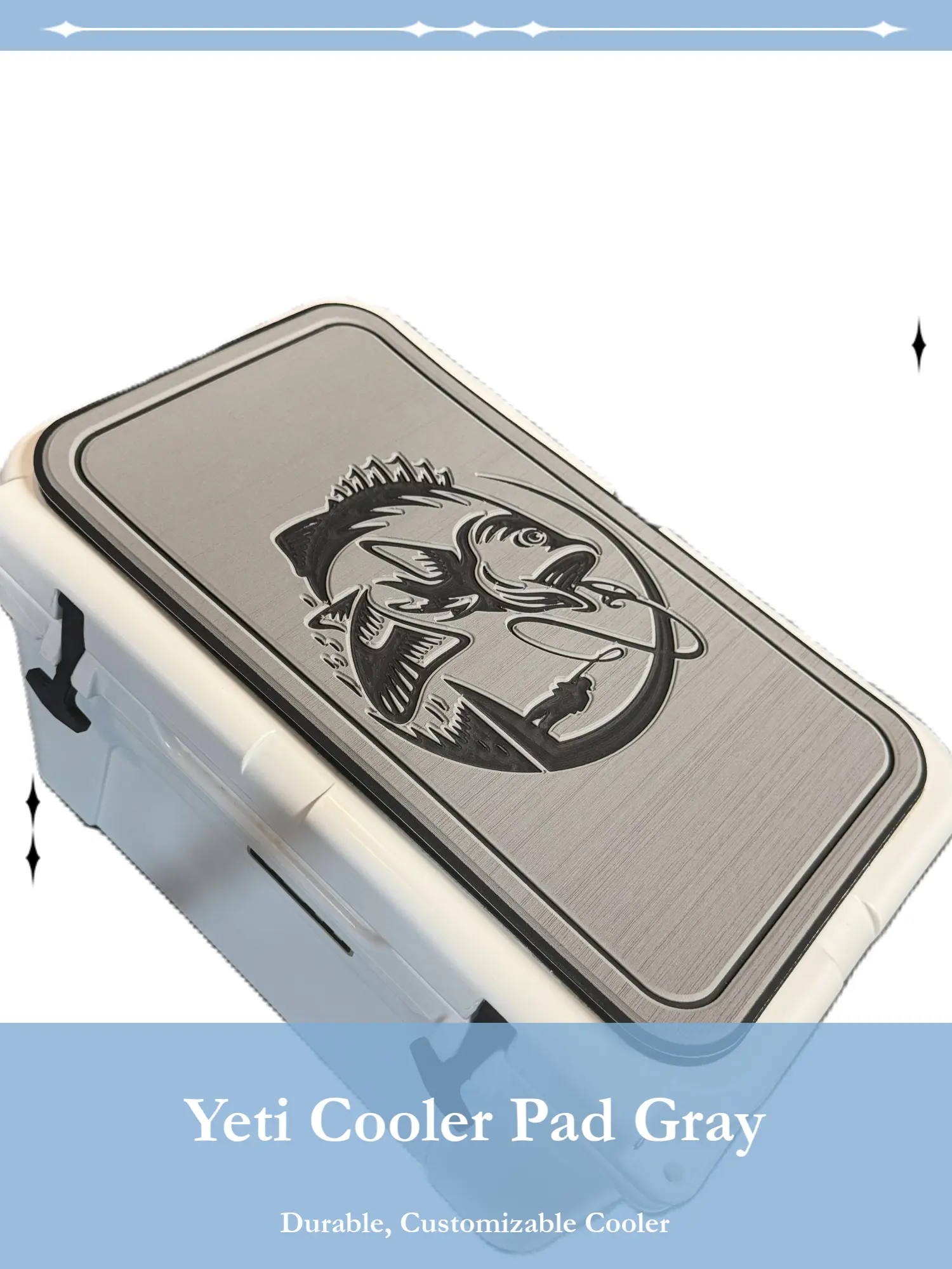 YETI Cooler Pad with Hooked on Bass Logo - Top fits YETI Tundra Cooler Lid - Grey/Black Mat - Easy Peel and Stick Application - 3M Adhesive - Camping Accessory