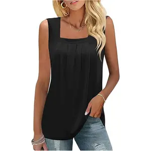 S-3XL Plus Size Summer Tank Tops for Women Loose Fit Pleated Square Neck Sleeveless Tops Curved Hem Flowy