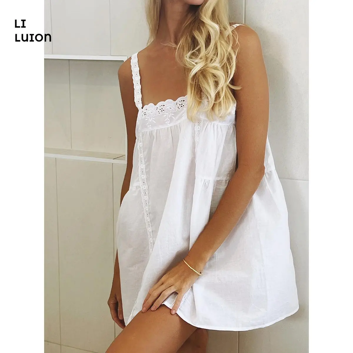 Women Lace Trim Mini Dress Ruffle Flowy Babydoll Dress Spaghetti Strap Loose Sundress Boho Going Out Dresses