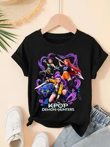 Girls Kpop Demon Hunters Korean Series Short Sleeve T-Shirt, Huntrix Group Cartoon Anime Print, Summer Casual Round Neck Tee