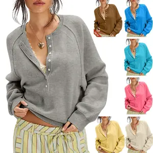 SCUSTY Womens Comfort Hoodies Long Sleeve Sweater Tops Half Button Sweaters Fall Henley Neckline Casual Lightweight Solid Pullover Soft Knitting Breathable Fabric