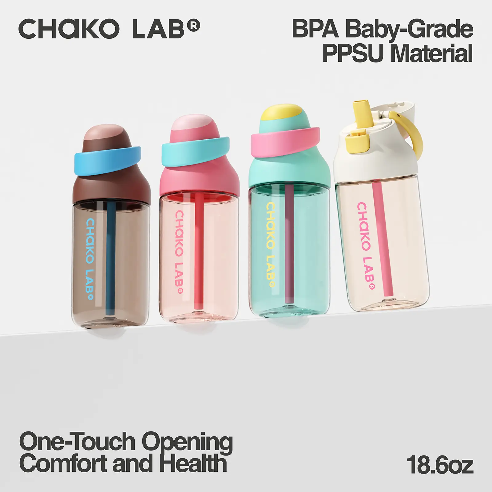 CHaKO LAB Kada Bottle 18.6oz PPSU | Baby-Grade Safe Material | 180°C Heat Resistant | One-Touch Driving-Safe | StrawShift Leak-Proof |  Portable