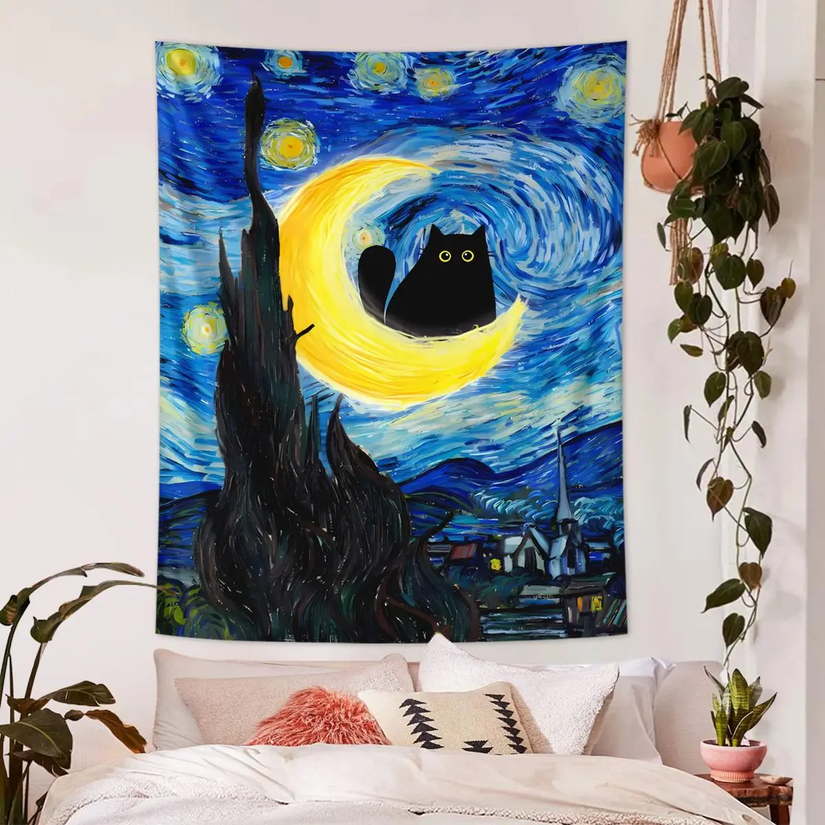 Starry Sky Cat Pattern Tapestry, Tapestry Wall Mural, Van Gogh Starry Sky Style Love Cat Wall Hanging Banner, Bedroom Aesthetic Art Abstract Painting Wall Hanging Decoration