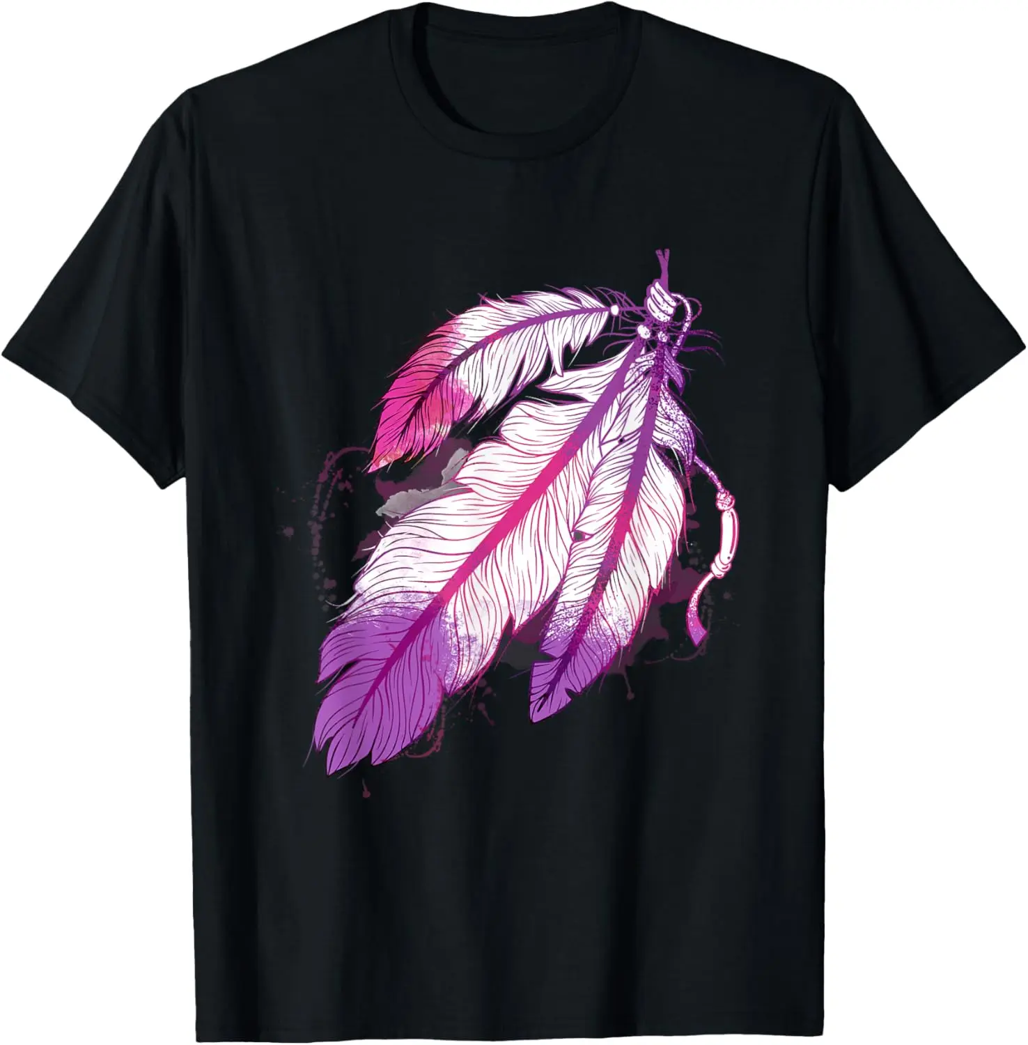 Women's 100% Cotton Vintage Casual Short-Sleeve Round Neck Distressed Graphic T-Shirt - Everyday Streetwear Top, Colorful Tribal Feathers Native American Indigenous Design