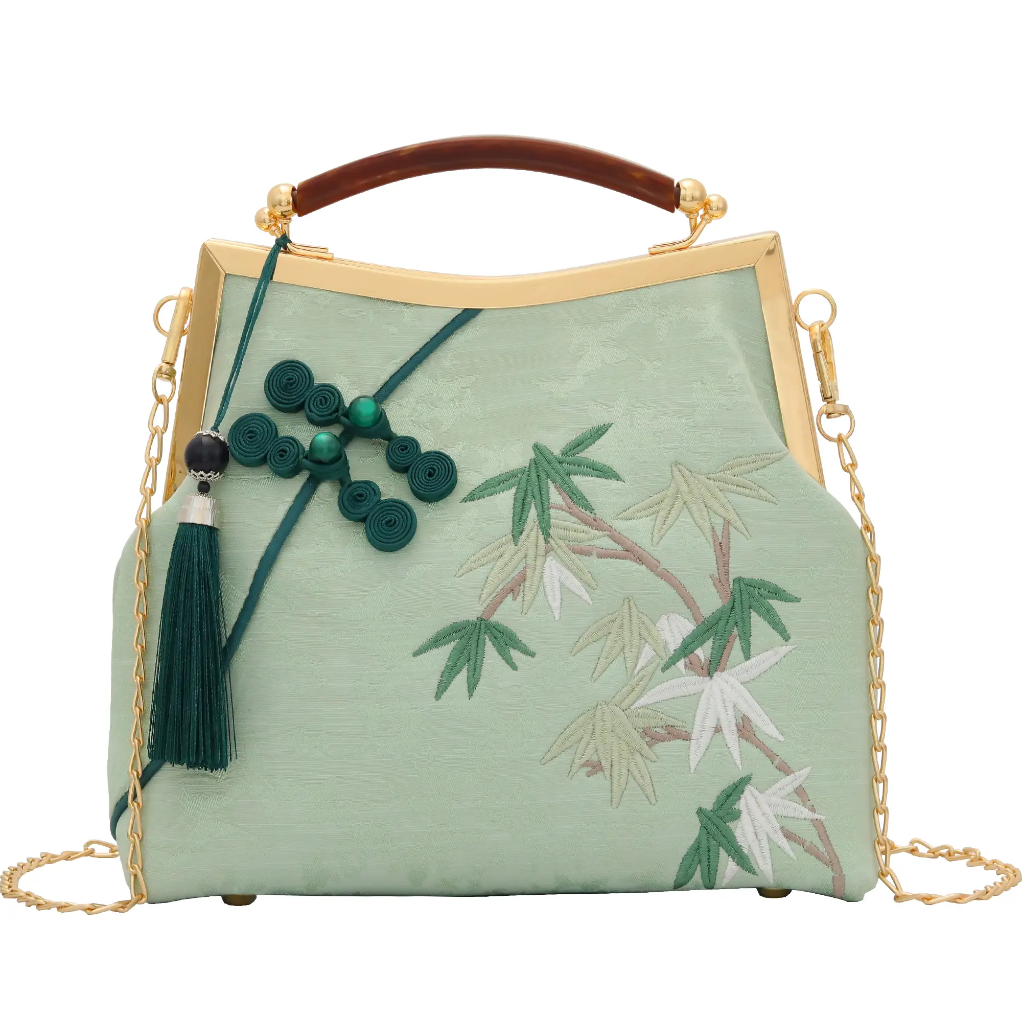 BWINKA Women's Embroidered Chinese Style Evening Bag - Retro Shoulder Chain Messenger Clutch, Jacquard Fabric, Kisslock Closure, Bamboo Pattern Floral Pattern Handbag, Embroidery, Bamboo Motif, Lightweight