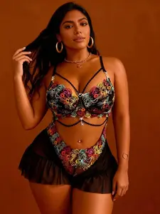 Plus Size Women's Embroidered Floral Valentine's Day Pajamas Set, Sexy Sleeveless Fitted Homewear Underwear Lingerie, All Seasons Comfortable Sleepwear Embroidery, Sleep Comfort, Home Comfort, Lazy Day, Relaxed Fit