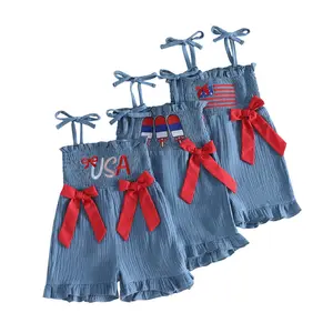 Toddler Baby Little Girl 4th of July Jumpsuit with Bows Embroidered Tie Shoulder Smocked Ruffled Shorts Romper Overalls 1-7 Years