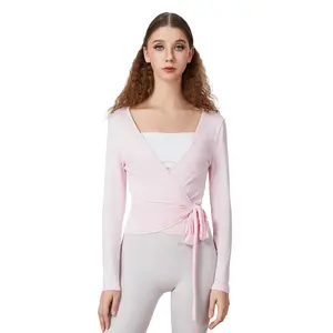 Women Wrap Top Long Sleeve Deep V Neck Cross Tie Workout Ballet Pilates Yoga Shirt