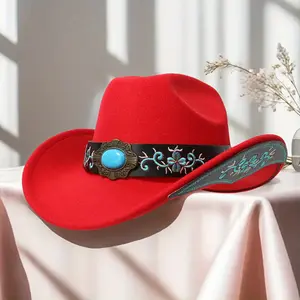 Lightweight Elegant Women's Fedora with Non-Stretch Polyester, Blue-Green Embroidered Belt - Cowboy Hat for Weddings & Christmas