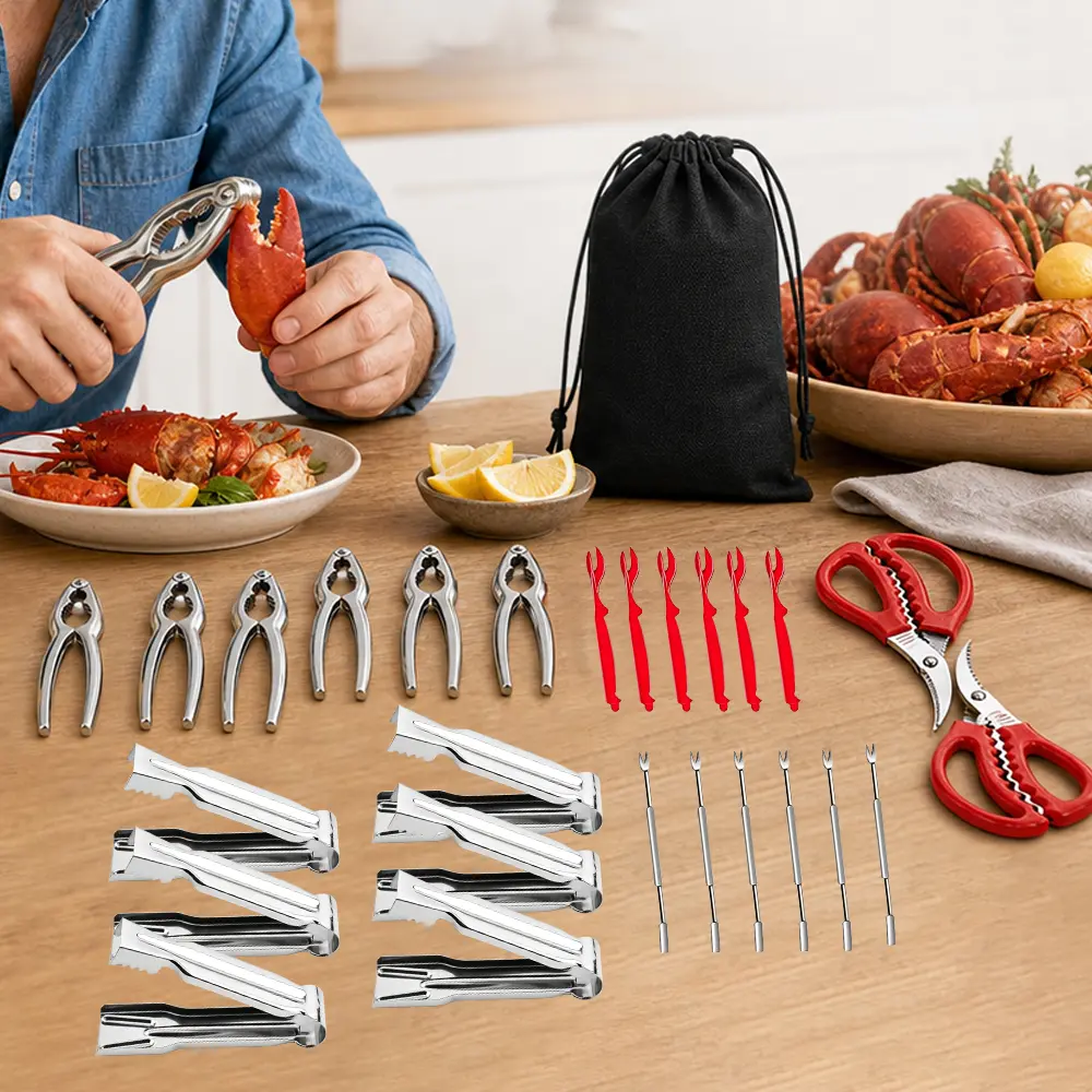 27Pcs Crab Crackers and Tools Set,Seafood Boil Party Supplies Includes 6 Clips,6 Crab Crackers, 6 Lobster Shellers, 6 Crab Leg Forks/Picks and 2 Seafood Scissors & Black Storage Bag - Nut Cracker Set - Home Improvement.