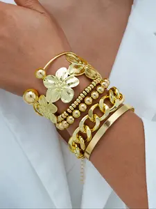 Women Floral Bangle Set, Zinc Alloy Round Circle Bracelet, Casual Style Jewelry Gift for Women, Daily Wear & Party Accessories