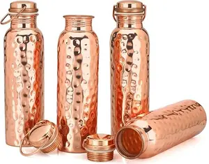 Glytterati Hammered Copper Water Bottle (34 oz/1000ml) (Set of 4) Pure Copper Bottle for Drinking Water