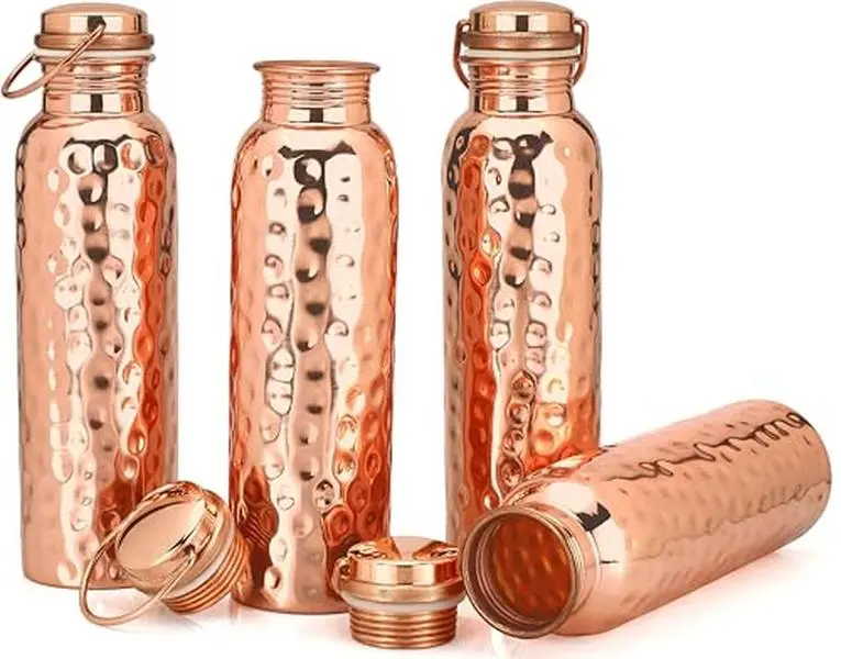Glytterati Hammered Copper Water Bottle (34 oz/1000ml) (Set of 4) Pure Copper Bottle for Drinking Water
