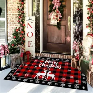 Christmas Decor Indoor Door Mat, Plaid Reindeer Santa Tree Rug, Perfect for Home RV Use, Holiday Decoration Accessories
