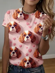 Women's short sleeve T-shirt Cavalier King Charles Spaniel Hearts Paw Prints 3D full-frame printing spring and summer fashion trend sports women's soccer jersey girl, women's, travel, character, graphic, round neck