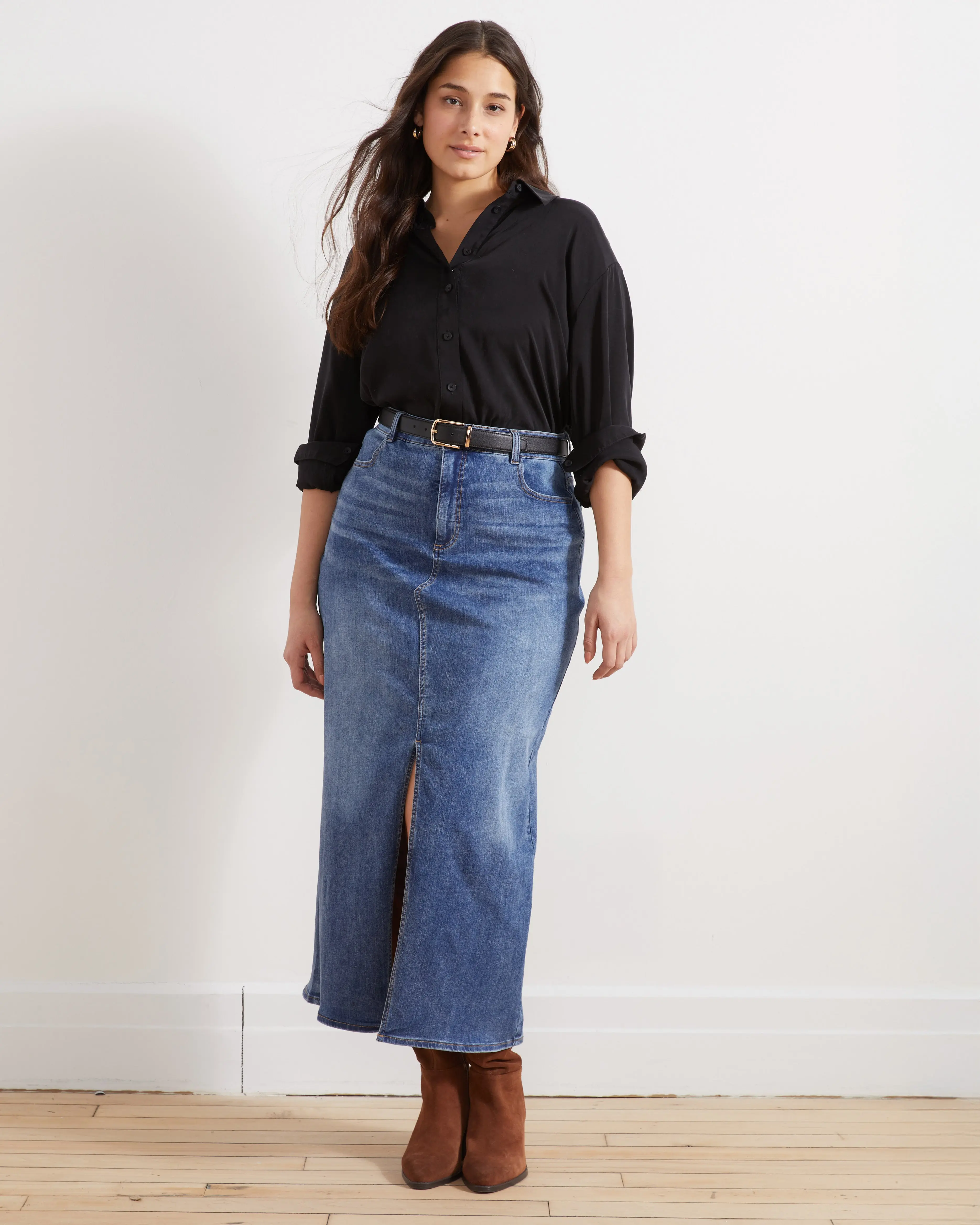 Soft Stretch Denim Maxi Skirt for Women, Casual Straight Cut Western Style, Comfortable Everyday Wear, Plus Size Friendly, Fabric, Bottom, Long Skirts, Western Elegance, Maxi Length, All-Day Ease, Fit, Piece, Western Skirts