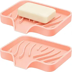 2 Pack Silicone Soap Dish with Drain, Bar Soap Holder for Shower,Bathroom and Kitchen Sink Organizer, Self Draining Waterfall Soap Tray