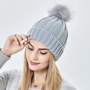 Beanie Hat For Women Faux Fur Pom Pom Hat Winter Keep Warming Beanie Hat/ Fashion Stretchy Satin Lined Skull Knit Hats / Winter Hat with Pom Pom