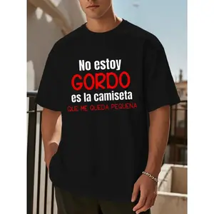 Men's Graphic T-Shirt with 'No Ey Stay Gordo' Spanish Quote, Casual Classic Fit Short-Sleeve Round Neck Top with Geometric Print, Shortsleeve