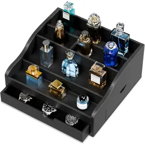 Perfume Organizer for Men,4 Tier Cologne Organizer for Men, Cologne Stand with 2 Drawer and  Storage for Watch, , Perfume Display Risers, A Gifts for Man (Black)