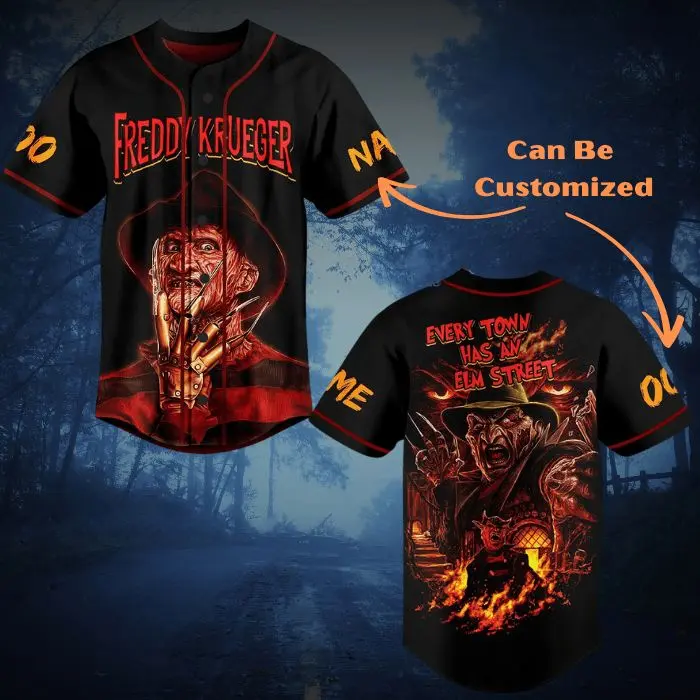 Custom Freddy Krueger Full-Button Baseball Jersey - Personalized Nightmare on Elm Street Shirt - Every Town Has An Elm Street Horror Jersey- Classic Halloween Wear