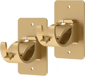 2 Pieces Self Adhesive Curtain Rod Bracket, Universal Plastic Curtain Rod Holders, No Drill Curtain Rod Brackets Curtain Rod Hooks for Bathroom, Bedroom, Livingroom, Kitchen (Gold)