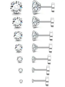 20G Hypoallergenic Flat Back Earrings for Women Men Silver 14K Gold Stainless Steel Stud Earrings Brithstone Cubic Zirconia Studs Surgical Steel Cartilage Earrings for Sensitive Ears
