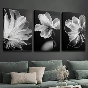 3-Piece Elegant Black and White Floral Canvas Paintings, Modern Decorative Wall Art, Ornamental Homestyle Flowers Wall Arts for Home Decor Posters & Prints