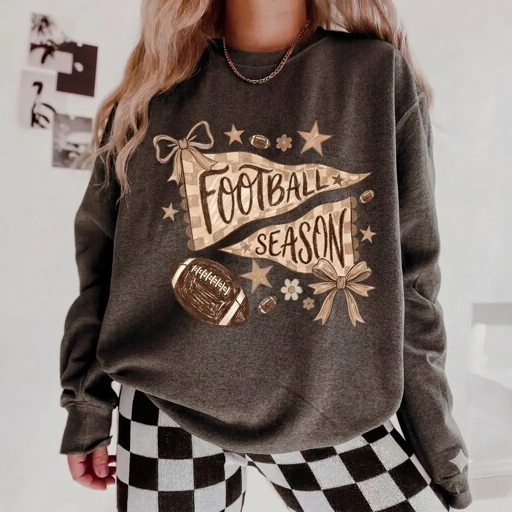 Women's Plush Polyester-Spandex Long Sleeve Ribbed Seamless Solid Casual Sweatshirt for Football Season Pennant Flag Touchdown Game Day Vintage Football Mom