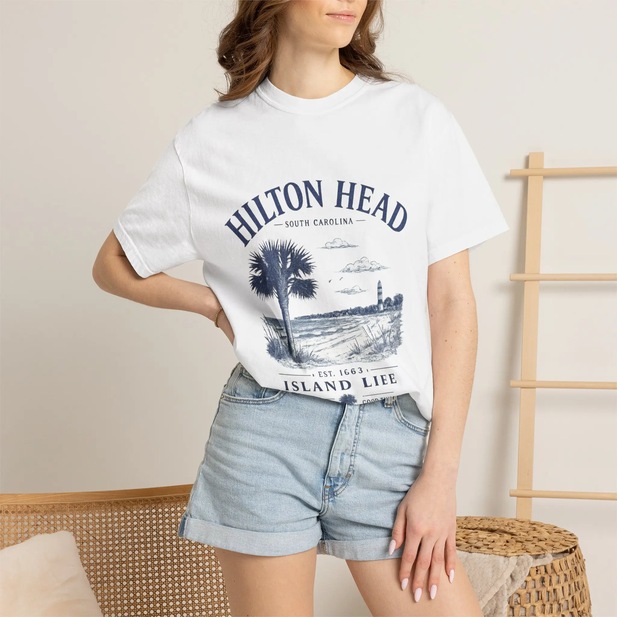 Hilton Head Island Life T-Shirt | Palm Tree Lighthouse Beach Scene