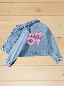 Girls' Fashion Kpop Cartoon Denim Jacket, Casual Outerwear, Girls' Gift, Stylish 67 six seven letters Print, Suitable for spring&fall, All Seasons, Stylish Holiday Outfits for Kids Spring Break Vibes