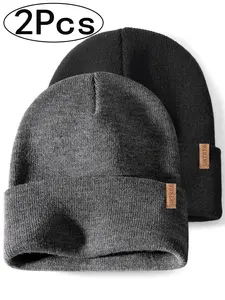 2-Pack Plain Knit Beanie Hats, Minimalist Headwear, Casual Fitted Winter Warm Windproof Ear Protection, Unisex Outdoor Use